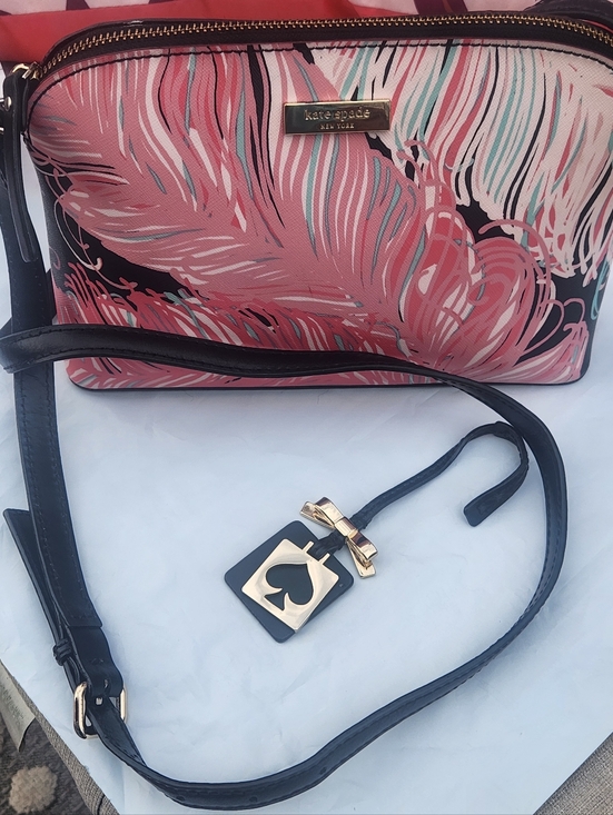 kate spade Handbags - Kate Spade Pink and Black Feather Print Crossbody Bag W Kate Spade Bag Charm EUC